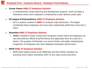 Employee First – Customer Second – Employee First Initiatives

     ►     Career Power HSBC IT Employee Solution
             •    A comprehensive career planning and development program, which provides a
                  framework where each employee is empowered to plan desired career path.

     ►     O2 league of Extraordinary HSBC IT Employee Solution
             •    O2 is a system created in HSBC to recognize high performers. The league
                  constituted those employees who have been outstanding performers since last 2
                  years.

     ►     Xtramiles HSBC IT Employee Solution
             •    HSBC‟s created a unique reward and recognition portal where all employees can
                  see extraordinary efforts & performances and appreciate them at a click of a
                  button. The purpose of Xtramiles is to ensure timely and public instantaneous
                  recognition of employees who have displayed exemplary performance.

     ►     MITR HSBC IT Employee Solution
             •    MITR lends helping hands to all HSBCLites and their family members by
                  providing them expert counseling 24X7 on any issue concerning them.




                                                                                                                                   6
HSBC Business School Mr. Miguel Cortes S. / Executive Coordinator of Presidency / Restricted for Company use Only   November 05th, 2011
 