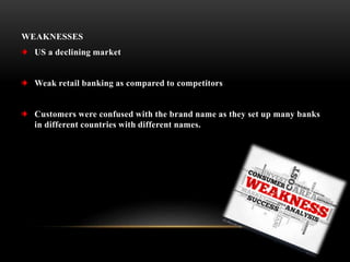 WEAKNESSES
US a declining market
Weak retail banking as compared to competitors
Customers were confused with the brand name as they set up many banks
in different countries with different names.
 