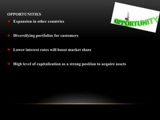 OPPORTUNITIES
Expansion in other countries
Diversifying portfolios for customers
Lower interest rates will boost market share
High level of capitalization as a strong position to acquire assets
 