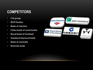 COMPETITORS
• Citi group
• BNP Paribas
• Bank of America
• China bank of construction
• Royal bank of Scotland
• Standard chartered bank
• Bank of Australia
• Deutsche bank
 