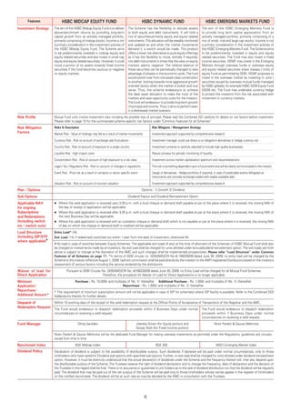 Features              HSBC MIDCAP EQUITY FUND                                               HSBC DYNAMIC FUND                                   HSBC EMERGING MARKETS FUND
Investment Strategy   The aim of the HSBC Midcap Equity Fund is to deliver          The Scheme has the flexibility to allocate assets              The aim of the HSBC Emerging Markets Fund is
                      above-benchmark returns by providing long-term                to both equity and debt instruments. It will hold a            to provide long term capital appreciation from an
                      capital growth from an actively managed portfolio,            mix of securities-primarily equity and equity related          actively managed portfolio, primarily comprising of a
                      primarily comprising of midcap stocks. Income is not          instruments. This allocation will be steadily monitored        mix of small, mid and large cap stocks. Income is not
                      a primary consideration in the investment policies of         and updated as and when the market movements                   a primary consideration in the investment policies of
                      the HSBC Midcap Equity Fund. The Scheme aims                  demand it, a switch would be made. This product                the HSBC Emerging Markets Fund. The Scheme aims
                      to be predominantly invested in midcap equity and             offers a lower risk alternative to pure equity offerings       to be predominantly invested in equity and equity
                      equity related securities and also invest in small cap        as it has the flexibility to move, entirely if required,       related securities. The Fund may also invest in fixed
                      equity and equity related securities. However, it could       into debt instruments in times that the view on equity         income securities. HEMF may invest in the Emerging
                      move a portion of its assets towards fixed income             markets seems negative. The relative balance of                Markets through overseas funds or overseas equity
                      securities if the fund becomes cautious or negative           these securities can be periodically changed to take           and equity related securities share classes / Units of
                      on equity markets.                                            advantage of phases in the economic cycle. The fund            equity Fund as permitted by SEBI. HEMF proposes to
                                                                                    would switch over from one asset-class combination             invest in the overseas market by investing in units /
                                                                                    to another, looking towards more aggressive growth             securities issued by overseas mutual funds managed
                                                                                    oriented stocks when the market is bullish and vice            by HSBC globally, for example HSBC GEM Equity Fund
                                                                                    versa. Thus, the scheme endeavours to achieve                  (GEM) etc. The Fund may undertake currency hedge
                                                                                    the ideal asset allocation to make the most of the             to protect the investors from the risk associated with
                                                                                    markets and save opportunity costs for the investor.           movement in currency markets.
                                                                                    The fund will endeavour to provide long-term growth
                                                                                    of principal and income. Thus, it aims to perform even
                                                                                    in a distressed market scenario.
Risk Proﬁle           Mutual Fund units involve investment risks including the possible loss of principal. Please read the Combined SID carefully for details on risk factors before investment.
                      Please refer to page 10 for the summarized scheme specific risk factors under "Common Features for all Schemes"
Risk Mitigation       Risks & Description                                                                Risk Mitigants / Management Strategy
Factors               Market Risk : Value of holdings may fall as a result of market movements           Investment approach supported by comprehensive research
                      Currency Risk : Risk on account of exchange rate fluctuations                      Investment manager could use (there is no obligation) derivatives to hedge currency risk
                      Country Risk : Risk on account of exposure to a single country                     Investment universe is carefully selected to include high quality businesses
                      Liquidity Risk : High impact costs                                                 Robust process for periodic monitoring of liquidity
                      Concentration Risk : Risk on account of high exposure to a risk class              Investment across market capitalization spectrum and industries/sectors
                      Legal / Tax / Regulatory Risk : Risk on account of changes in regulations          This risk is something dependent upon a future event and will be clearly communicated to the investor
                      Event Risk : Price risk as a result of company or sector specific event            Usage of derivatives : Hedge portfolios if required, in case of predictable events Mitigated as
                                                                                                         instruments are normally exchange traded with readily available data
                      Valuation Risk : Risk on account of incorrect valuation                            Investment approach supported by comprehensive research
Plan / Options                                                                                    Options : 1) Growth 2) Dividend
Sub-Options                                                                         Dividend Payout and Dividend Reinvestment Option
Applicable NAV           Where the valid application is received upto 3.00 p.m. with a local cheque or demand draft payable at par at the place where it is received, the closing NAV of
for ongoing              the day of receipt of application will be applicable.
Subscriptions            Where the valid application is received after 3.00 p.m. with a local cheque or demand draft payable at par at the place where it is received, the closing NAV of
and Redemptions          the next Business Day will be applicable.
(including switch        Where the valid application is received with an outstation cheque or demand draft which is not payable on par at the place where it is received, the closing NAV
ins / switch outs)       of day on which the cheque or demand draft is credited will be applicable.
Load Structure        Entry Load* : Nil.
(including SIP/STP    Exit Load : 1% if redeemed / switched out within 1 year from the date of investment; otherwise Nil.
where applicable)#
                      # No load in case of switches between Equity Schemes. The applicable exit loads (if any) at the time of allotment of the Schemes of HSBC Mutual Fund shall also
                      be charged on investments made by all investors. No exit load shall be charged for units allotted under bonus/dividend reinvestment option. The exit loads set forth
                      above is subject to change at the discretion of the AMC and such changes shall be implemented prospectively. Please refer "Load Structure" under Common
                      Features of all Schemes on page 11. *In terms of SEBI circular no. SEBI/IMD/CIR No.4/ 168230/09 dated June 30, 2009, no entry load will be charged by the
                      Scheme to the investor effective August 1, 2009. Upfront commission shall be paid directly by the investor to the AMFI registered Distributors based on the investors
                      assessment of various factors including the service rendered by the distributors.
Waiver of load for              Pursuant to SEBI Circular No. SEBI/IMD/CIR No. 4/168230/09 dated June 30, 2009, no Entry Load will be charged for all Mutual Fund Schemes.
Direct Application                                        Therefore, the procedure for Waiver of Load for Direct Applications is no longer applicable.
Minimum                                Purchase : Rs. 10,000/- and multiples of Re. 1/- thereafter Additional Purchase : Rs. 1,000/- and multiples of Re. 1/- thereafter
Application /                                                            Repurchase : Rs. 1,000/- and multiples of Re. 1/- thereafter
Repurchase /          + The requirement of minimum subscription amount will not be applicable in case of SIP for scheme(s) where SIP facility is available. Refer to the Combined SID/
Additional Amount+    Addendums thereto for further details.
Despatch of           Within 10 working days of the receipt of the valid redemption request at the Official Points of Acceptance of Transactions of the Registrar and the AMC.
Redemption Request    The Fund would endeavour to dispatch redemption proceeds within 3 Business Days under normal                                 The Fund would endeavour to dispatch redemption
                      circumstances on receiving a valid request.                                                                                  proceeds within 7 Business Days under normal
                                                                                                                                                   circumstances on receiving a valid request.
Fund Manager                             Dhiraj Sachdev                                    Jitendra Sriram (for Equity portion) and                            Niren Parekh & Gaurav Mehrotra
                                                                                           Sanjay Shah (for Fixed Income portion)
                      Niren Parekh & Gaurav Mehrotra will be the dedicated Fund Manager for making overseas investments as permitted under the Regulations, guidelines and circulars
                      issued from time to time.
Benchmark Index                        BSE Midcap Index                                                     BSE 200                                             MSCI Emerging Market Index
Dividend Policy       Declaration of dividend is subject to the availability of distributable surplus. Such dividends if declared will be paid under normal circumstances, only to those
                      Unitholders who have opted for Dividend sub-options with specified sub-options. Further, no exit load shall be charged for units allotted under dividend reinvestment
                      option. However, it must be distinctly understood that the actual declaration of dividends under the Scheme and the frequency thereof will, inter alia, depend upon
                      the distributable surplus of the Scheme. The Trustees reserve the right of dividend declaration and to change the frequency, date of declaration and the decision of
                      the Trustees in this regard shall be final. There is no assurance or guarantee to unit holders as to the rate of dividend distribution nor that the dividend will be regularly
                      paid. The dividend that may be paid out of the net surplus of the Scheme will be paid only to those Unitholders whose names appear in the register of Unitholders
                      on the notified record date. The dividend will be at such rate as may be decided by the AMC in consultation with the Trustees.




                                                                                                   6
 