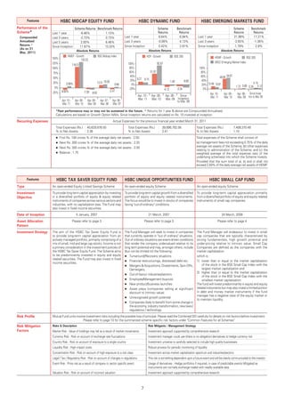 Features             HSBC MIDCAP EQUITY FUND                                                    HSBC DYNAMIC FUND                                       HSBC EMERGING MARKETS FUND
Performance of the                         Scheme Returns Benchmark Returns                                             Scheme            Benchmark                                   Scheme                 Benchmark
Scheme*               Last 1 year              -8.46%          1.10%                                                    Returns            Returns                                    Returns                 Returns
 Compounded           Last 3 years             -2.73%          0.73%        Last 1 year                                  8.64%              6.94%            Last 1 year              21.99%                  17.21%
 Annualised           Last 5 years              2.83%          6.46%        Last 3 years                                -0.08%              4.13%            Last 3 years             -2.65%                   -1.38%
 Returns ^            Since Inception         11.67%           13.33%       Since Inception                              0.42%              2.91%            Since Inception           1.79%                    2.9%
 (As on 31
                                            Absolute Returns                                                      Absolute Returns                                           Absolute Returns
 May, 2011)
                                 HMEF - Growth            BSE Midcap Index                                    HDF - Growth              BSE 200                            HEMF - Growth              BSE 200
                      150%                  130.23
                      125%                                                                    100%                  92.87                                                  MSCI Emerging Market Index
                                     116.01
                      100%                                                                     80%                                                            100%
                       75%                                                                     60%            51.97                                            80%
                       50%
                                                                                                40%                                                            60%             48.85 54.67
                                                                                                20% 9.27 8.15                                                   40%
                                                         13.51 19.38 0.66                                                       -1.40       -6.68
                       25%                                                                                                                                                                                     5.15
                                0.99%                                                            0%                                                             20% 13.48 10.81
                        0%                                                                                                                                                                    1.73 3.69 0.30       5.12
                                                                                               -20%                       -4.12       -3.34                      0%
                      -25% -9.93%             -7.39 -8.62           -2.47
                                                                                                                                                                      Apr. 10 - Apr. 09 -        Apr. 08 - Since Incep-
                                                                                                      Apr. 10 -     Apr. 09 -   Apr. 08 -    Since                    Mar. 11      Mar. 10       Mar. 09 tion to Mar. 08
                              Apr. 10 -     Apr. 09 -   Apr. 08 -   Apr. 07 -   Apr. 06 -             Mar. 11       Mar. 10     Mar. 09 Inception
                                                                                                                                          to Mar. 08
                              Mar. 11       Mar. 10     Mar. 09     Mar. 08     Mar. 07

                         *Past performance may or may not be sustained in the future. ^ Returns for 1 year & above are Compounded Annualised.
                         Calculations are based on Growth Option NAVs. Since inception returns are calculated on Rs. 10 invested at inception.
Recurring Expenses                                                              Actual Expenses for the previous financial year ended March 31, 2011
                         Total Expenses (Rs.) : 40,629,876.50                                 Total Expenses (Rs.) : 39,898,782.56                         Total Expenses (Rs.)         : 7,489,370.48
                         % to Net Assets      : 2.36                                          % to Net Assets      : 2.41                                  % to Net Assets              : 1.10
                            First Rs. 100 crores % of the average daily net assets : 2.50                                                                  Total expenses of the Scheme shall consist of:
                            Next Rs. 300 crores % of the average daily net assets : 2.25                                                                   (a) management fees not exceeding 0.75% of the daily
                            Next Rs. 300 crores % of the average daily net assets : 2.00                                                                   average net assets of the Scheme; (b) other expenses
                                                                                                                                                           relating to administration of the Scheme; and (c) the
                            Balance : 1.75                                                                                                                 weighted average of the total expense ratio of the
                                                                                                                                                           underlying scheme(s) into which the Scheme invests.
                                                                                                                                                           Provided that the sum total of a), b) and c) shall not
                                                                                                                                                           exceed 2.50% of the daily average net assets of HEMF.



       Features          HSBC TAX SAVER EQUITY FUND                                         HSBC UNIQUE OPPORTUNITIES FUND                                              HSBC SMALL CAP FUND
Type                  An open-ended Equity Linked Savings Scheme                            An open-ended equity Scheme                                     An open-ended equity Scheme
Investment            To provide long term capital appreciation by investing                To provide long-term capital growth from a diversified          To provide long-term capital appreciation primarily
Objective             in a diversified portfolio of equity & equity related                 portfolio of equity and equity related instruments.             from a diversified portfolio of equity and equity related
                      instruments of companies across various sectors and                   The focus would be to invest in stocks of companies             instruments of small cap companies.
                      industries, with no capitalization bias. The Fund may                 facing "out-of-ordinary" conditions.
                      also invest in fixed income securities.
Date of Inception                            5 January, 2007                                                      21 March, 2007                                                 24 March, 2008
Asset Allocation                          Please refer to page 3                                             Please refer to page 3                                           Please refer to page 4
Pattern
Investment Strategy   The aim of the HSBC Tax Saver Equity Fund is                          The Fund Manager will seek to invest in companies               The Fund Manager will endeavour to invest in small
                      to provide long-term capital appreciation from an                     that currently operate in "out of ordinary" situations.         cap companies that are typically characterized by
                      actively managed portfolio, primarily comprising of a                 Out of ordinary situations are event-driven conditions          strong fundamentals, high growth potential and
                      mix of small, mid and large cap stocks. Income is not                 that render the company undervalued relative to its             under-pricing relative to intrinsic value. Small Cap
                      a primary consideration in the investment policies of                 long term potential and may, amongst others, include            Companies are defined as the companies with the
                      the HSBC Tax Saver Equity Fund. The Scheme aims                       (but not be limited to) the following:                          market capitalization
                      to be predominantly invested in equity and equity                         Turnaround/Recovery situations                              which is :
                      related securities. The Fund may also invest in fixed
                                                                                                Financial restructurings, distressed debt etc.              1) lower than or equal to the market capitalization
                      income securities.
                                                                                                Mergers & Acquisitions, Divestments, Spin-Offs,                 of the stock in the BSE Small Cap Index with the
                                                                                                Demergers,                                                      largest market capitalization and
                                                                                                                                                            2) higher than or equal to the market capitalization
                                                                                                Out-of-favour industries/sectors
                                                                                                                                                                of the stock in the BSE Small Cap Index with the
                                                                                                Employee/Management buyouts                                     smallest market capitalization.
                                                                                                New product/business launches                               The fund will invest predominantly in equity and equity
                                                                                                Asset plays (companies selling at significant               related instuments but may also invest a limited portion
                                                                                                discount to intrinsic value)                                in debt and money market instruments if the fund
                                                                                                                                                            manager has a negative view of the equity market or
                                                                                                Unrecognised growth potential
                                                                                                                                                            to maintain liquidity.
                                                                                                Companies likely to benefit from some change in
                                                                                                the economy, industry transformation, new laws /
                                                                                                regulations / technology.
Risk Proﬁle           Mutual Fund units involve investment risks including the possible loss of principal. Please read the Combined SID carefully for details on risk factors before investment.
                                              Please refer to page 10 for the summarized scheme specific risk factors under "Common Features for all Schemes"
Risk Mitigation       Risks & Description                                                                         Risk Mitigants / Management Strategy
Factors               Market Risk : Value of holdings may fall as a result of market movements                    Investment approach supported by comprehensive research
                      Currency Risk : Risk on account of exchange rate fluctuations                               Investment manager could use (there is no obligation) derivatives to hedge currency risk
                      Country Risk : Risk on account of exposure to a single country                              Investment universe is carefully selected to include high quality businesses
                      Liquidity Risk : High impact costs                                                          Robust process for periodic monitoring of liquidity
                      Concentration Risk : Risk on account of high exposure to a risk class                       Investment across market capitalization spectrum and industries/sectors
                      Legal / Tax / Regulatory Risk : Risk on account of changes in regulations                   This risk is something dependent upon a future event and will be clearly communicated to the investor
                      Event Risk : Price risk as a result of company or sector specific event                     Usage of derivatives : Hedge portfolios if required, in case of predictable events Mitigated as
                                                                                                                  instruments are normally exchange traded with readily available data
                      Valuation Risk : Risk on account of incorrect valuation                                     Investment approach supported by comprehensive research



                                                                                                         7
 