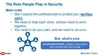 The Role People Play in Security
More truth.
• Don’t expect the professionals to protect you; we/they
can’t.
• We need to ...