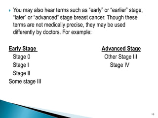 You may also hear terms such as “early” or “earlier” stage, “later” or “advanced” stage breast cancer. Though these terms ...