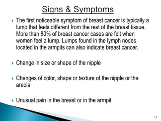 The first noticeable symptom of breast cancer is typically a lump that feels different from the rest of the breast tissue....