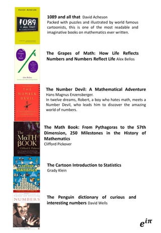 The Math Book: From Pythagoras to the 57th
Dimension, 250 Milestones in the History of
Mathematics
Clifford Pickover
The Number Devil: A Mathematical Adventure
Hans Magnus Enzensberger.
In twelve dreams, Robert, a boy who hates math, meets a
Number Devil, who leads him to discover the amazing
world of numbers.
𝒆𝒊𝝅
The Grapes of Math: How Life Reflects
Numbers and Numbers Reflect Life Alex Bellos
1089 and all that David Acheson
Packed with puzzles and illustrated by world famous
cartoonists, this is one of the most readable and
imaginative books on mathematics ever written.
The Cartoon Introduction to Statistics
Grady Klein
The Penguin dictionary of curious and
interesting numbers David Wells
 