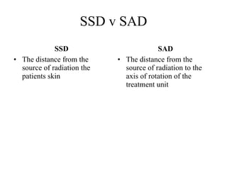 SSD v SAD SSD The distance from the source of radiation the patients skin SAD The distance from the source of radiation to the axis of rotation of the treatment unit 