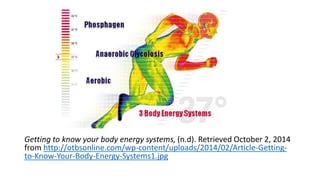 Getting to know your body energy systems, (n.d). Retrieved October 2, 2014 
from http://otbsonline.com/wp-content/uploads/2014/02/Article-Getting-to- 
Know-Your-Body-Energy-Systems1.jpg 
 