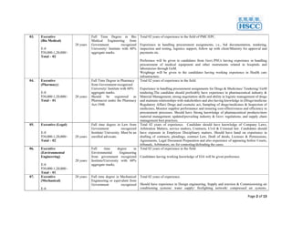 Page 2 of 13
03. Executive
(Bio Medical)
E-0
₹30,000-1,20,000/-
Total – 02
28 years
Full Time Degree in Bio
Medical Engineering from
Government recognized
University/ Institute with 60%
aggregate marks.
Total 02 years of experience in the field of PMC/EPC.
Experience in handling procurement assignments, i.e., bid documentation, tendering,
inspection and testing, logistics support, follow up with client/Ministry for approval and
payments etc.
Preference will be given to candidates from Govt./PSUs having experience in handling
procurement of medical equipment and other instruments related to hospitals and
laboratories through GeM.
Weightage will be given to the candidates having working experience in Health care
infrastructure.
04. Executive
(Pharmacy)
E-0
₹30,000-1,20,000/-
Total – 01
28 years
Full Time Degree in Pharmacy
from Government recognized
University/ Institute with 60%
aggregate marks.
Should be registered as
Pharmacist under the Pharmacy
Act-1948.
Total 02 years of experience in the field.
Experience in handling procurement assignments for Drugs & Medicines/ Tendering/ GeM
tendering.The candidate should preferably have experience in pharmaceutical industry &
Material Management, strong negotiation skills and ability in logistic management of drugs
and maintain relationships with stakeholders and also having knowledge in (Drugs/medicine
Regulatory Affair) Drugs and cosmetic act, Sampling of drugs/medicines & Inspection of
medicines, Monitor supplier performance and ensuring cost-effectiveness and efficiency in
procurement processes. Should have Strong knowledge of pharmaceutical products/store
material management, updated/prevailing industry & Govt. regulations, and supply chain
management best practices.
05. Executive (Legal)
E-0
₹30,000-1,20,000/-
Total – 02
28 years
Full time degree in Law from
Government recognized
Institute/ University. Must be an
enrolled advocate.
Total 02 years of experience. Candidate should have knowledge of Company Laws,
Arbitration Matters, service matters, Contracts, Civil & Criminal law. Candidates should
have exposure in Employee Disciplinary matters. Should have hand on experience in
drafting of contracts, pleadings, contract Law, Draft of deeds, Licenses & Permissions,
Agreements, Legal Document Preparation and also experience of appearing before Courts,
tribunals, Arbitrators, etc for contesting/defending the cases.
06. Executive
(Environmental
Engineering)
E-0
₹30,000-1,20,000/-
Total – 01
28 years
Full time degree in
Environmental Engineering
from government recognized
Institute/University with 60%
aggregate marks.
Total 02 years of experience in the field.
Candidates having working knowledge of EIA will be given preference.
07. Executive
(Mechanical)
E-0
28 years Full time degree in Mechanical
Engineering or equivalent from
Government recognized
Total 02 years of experience.
Should have experience in Design engineering, Supply and erection & Commissioning air
conditioning systems/ water supply/ firefighting network/ compressed air systems.
 
