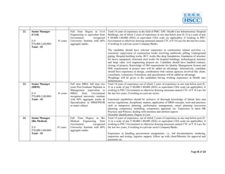 Page 8 of 13
22. Senior Manager
(Civil)
E-4
₹70,000-2,00,000/-
Total – 01
41 years
Full Time Degree in Civil
Engineering or equivalent from
Government recognized
University/ Institute with 60%
aggregate marks.
Total 14 years of experience in the field of PMC/ EPC/ Health Care Infrastructure/ Hospital
Buildings, out of which 2 years of experience in one step below post (E-3) in a scale of pay
₹ 60,000-1,80,000 (IDA) or equivalent CDA scale (as applicable), if working in PSU/
Government or otherwise drawing minimum annual CTC of ₹ 18 Lacs for the last two years,
if working in a private sector Company/Banks.
The candidate should have relevant experience in construction related activities i.e.
execution/ supervision of construction works involving earthwork, pilling, Underground
piping, Hospital building works, RCC works like deep foundations, foundation of structure
for heavy equipment, structural steel works for hospital buildings, technological structure
and large value civil engineering projects etc. Candidate should have handled contract,
closing of projects, Knowledge of ISO requirements for Quality Management System and
HSE requirements at project sites will be added an advantage. Alternatively, candidate
should have experience in design, coordination with various agencies involved like client,
consultants, contractors, Estimation, and specification will be added an advantage.
Weightage will be given to the candidates having working experience in Health care
Infrastructure.
23. Senior Manager
(HRM)
E-4
₹70,000-2,00,000/-
Total – 01
41 years
Full time MBA/ full time two
years Post Graduate Diploma in
Management (equivalent to
MBA) from Government
recognized university/ institute
with 60% aggregate marks &
Specialization in HRM/PM/IR
as major subject.
Total 14 years of experience out of which 2 years of experience in one step below post (E-
3) in a scale of pay ₹ 60,000-1,80,000 (IDA) or equivalent CDA scale (as applicable), if
working in PSU/ Government or otherwise drawing minimum annual CTC of ₹ 18 Lacs for
the last two years, if working in a private sector.
Functional capabilities should be inclusive of thorough knowledge of labour laws and
service regulations, disciplinary matters, application of HRM concepts, tools and practices
such as manpower planning, performance management, career planning succession
planning, competency modelling, competency appraisal, etc. Experience in latest HR
Practices and Policies, dealing with retention and attrition aspects.
Desirable Qualification: Degree in Law.
24. Senior Manager
(Bio Medical)
E-4
₹70,000-2,00,000/-
Total – 01
41 years
Full Time Degree in Bio
Medical Engineering from
Government recognized
University/ Institute with 60%
aggregate marks.
Total 14 years of experience, out of which 2 years of experience in one step below post (E-
3) in a scale of pay ₹ 60,000-1,80,000 (IDA) or equivalent CDA scale (as applicable), if
working in PSU/ Government or otherwise drawing minimum annual CTC of ₹ 18 Lacs for
the last two years, if working in a private sector Company/Banks.
Experience in handling procurement assignments, i.e., bid documentation, tendering,
inspection and testing, logistics support, follow up with client/Ministry for approval and
payments etc.
 