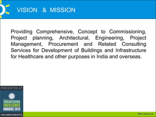 VISION & MISSION

Providing Comprehensive, Concept to Commissioning,
Project planning, Architectural, Engineering, Project
Management, Procurement and Related Consulting
Services for Development of Buildings and Infrastructure
for Healthcare and other purposes in India and overseas.

HSCC (India) Ltd

 