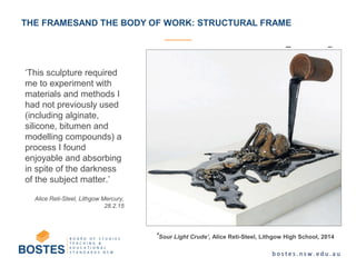 THE FRAMESAND THE BODY OF WORK: STRUCTURAL FRAME
‘This sculpture required
me to experiment with
materials and methods I
had not previously used
(including alginate,
silicone, bitumen and
modelling compounds) a
process I found
enjoyable and absorbing
in spite of the darkness
of the subject matter.’
Alice Reti-Steel, Lithgow Mercury,
28.2.15
‘Sour Light Crude’, Alice Reti-Steel, Lithgow High School, 2014
 