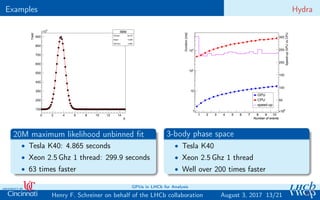 Examples Hydra
data
Entries 2e+07
Mean 5.499
Std Dev 3.694
X
0 2 4 6 8 10 12 14
Yield
100
200
300
400
500
600
700
800
900
3
10× data
Entries 2e+07
Mean 5.499
Std Dev 3.694
data
Entries 2e+07
Mean 5.499
Std Dev 3.694
20M maximum likelihood unbinned ﬁt
• Tesla K40: 4.865 seconds
• Xeon 2.5 Ghz 1 thread: 299.9 seconds
• 63 times faster
Number of events
1 2 3 4 5 6 7 8 9 10
6
10×
Duration[ms]
1
10
2
10
3
10
Number of events
1 2 3 4 5 6 7 8 9 10
6
10×
Speed-upGPUvsCPU
50
100
150
200
250
300
GPU
CPU
speed-up
3-body phase space
• Tesla K40
• Xeon 2.5 Ghz 1 thread
• Well over 200 times faster
13/21Henry F. Schreiner on behalf of the LHCb collaboration
GPUs in LHCb for Analysis
August 3, 2017
 