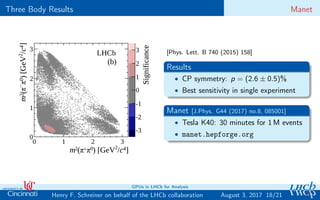Three Body Results Manet
[Phys. Lett. B 740 (2015) 158]
Results
• CP symmetry: p = (2.6 ± 0.5)%
• Best sensitivity in single experiment
Manet [J.Phys. G44 (2017) no.8, 085001]
• Tesla K40: 30 minutes for 1 M events
• manet.hepforge.org
18/21Henry F. Schreiner on behalf of the LHCb collaboration
GPUs in LHCb for Analysis
August 3, 2017
 
