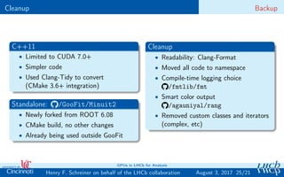 Cleanup Backup
C++11
• Limited to CUDA 7.0+
• Simpler code
• Used Clang-Tidy to convert
(CMake 3.6+ integration)
Standalone: /GooFit/Minuit2
• Newly forked from ROOT 6.08
• CMake build, no other changes
• Already being used outside GooFit
Cleanup
• Readability: Clang-Format
• Moved all code to namespace
• Compile-time logging choice
/fmtlib/fmt
• Smart color output
/agauniyal/rang
• Removed custom classes and iterators
(complex, etc)
25/21Henry F. Schreiner on behalf of the LHCb collaboration
GPUs in LHCb for Analysis
August 3, 2017
 