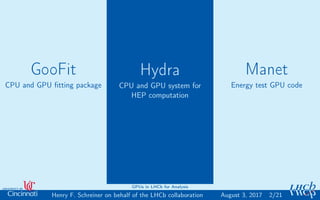 GooFit
CPU and GPU ﬁtting package
Hydra
CPU and GPU system for
HEP computation
Manet
Energy test GPU code
2/21Henry F. Schreiner on behalf of the LHCb collaboration
GPUs in LHCb for Analysis
August 3, 2017
 