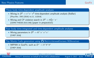 New Physics Features GooFit
Three body time-dependent amplitude analyses
• Mixing in D0 → π+π−π0 time-dependent amplitude analysis (BaBar)
[Phys.Rev. D93 (2016) no.11, 112014]
• Mixing and CP violation search in D0 → K0
S π−π−
[CERN-THESIS-2015-348] (paper in preparation)
Four body time-integrated and time-dependent amplitude analyses
• Mixing parameters in D0 → K+π−π+π−
[CHEP 2016]
Toy Monte Carlo generation using /MultithreadCorner/MCBooster
• MIPWA in GooFit, such as D+ → h+h+h+
[CHEP 2016]
6/21Henry F. Schreiner on behalf of the LHCb collaboration
GPUs in LHCb for Analysis
August 3, 2017
 