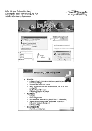 © Dr. Holger Schwichtenberg
Weitergabe oder Vervielfältigung nur
mit Genehmigung des Autors


                                        Bugparade des AJAX Control Toolkits




                                                                                        Seite 24




                                   Bewertung (ASP.NET) AJAX


                     •   Vorteile:
                         –   AJAX ermöglicht Interaktivität abseits des üblichen Browser-
                             Server-Roundtrips
                         –   Partielles Neuladen von Seiten
                         –   Benutzerinteraktionen mit Browserseiten, die HTML nicht
                             ermöglicht
                         –   Läuft in "allen" Browsern
                         –   Gute Integration in ASP.NET
                     •   Nachteile:
                         –   Komplex
                         –   Browsereigenarten
                         –   unzureichende Abstraktion (besser durch Drittanbieter)
                         –   Immer noch unzureichende Werkzeuge (sowohl für
                             Entwickler als auch Designer)
                         –   Sehr aufwändig
                     •   Einsatzgebiete
                         –   Internet-Anwendungen                                       Seite 25
 