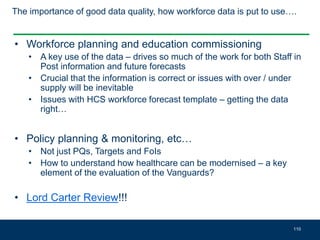The importance of good data quality, how workforce data is put to use….
• Workforce planning and education commissioning
• A key use of the data – drives so much of the work for both Staff in
Post information and future forecasts
• Crucial that the information is correct or issues with over / under
supply will be inevitable
• Issues with HCS workforce forecast template – getting the data
right…
• Policy planning & monitoring, etc…
• Not just PQs, Targets and FoIs
• How to understand how healthcare can be modernised – a key
element of the evaluation of the Vanguards?
• Lord Carter Review!!!
110
 