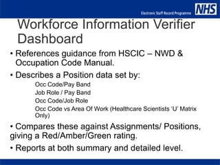 Workforce Information Verifier
Dashboard
• References guidance from HSCIC – NWD &
Occupation Code Manual.
• Describes a Position data set by:
Occ Code/Pay Band
Job Role / Pay Band
Occ Code/Job Role
Occ Code vs Area Of Work (Healthcare Scientists ‘U’ Matrix
Only)
• Compares these against Assignments/ Positions,
giving a Red/Amber/Green rating.
• Reports at both summary and detailed level.
 
