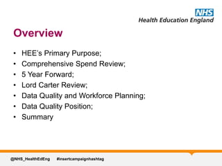 Overview
• HEE’s Primary Purpose;
• Comprehensive Spend Review;
• 5 Year Forward;
• Lord Carter Review;
• Data Quality and Workforce Planning;
• Data Quality Position;
• Summary
@NHS_HealthEdEng #insertcampaignhashtag
 
