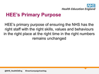 HEE’s Primary Purpose
HEE’s primary purpose of ensuring the NHS has the
right staff with the right skills, values and behaviours
in the right place at the right time in the right numbers
remains unchanged
@NHS_HealthEdEng #insertcampaignhashtag
 