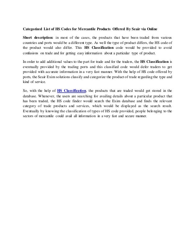 Categorized List of HS Codes for Mercantile Products Offered By Seair…