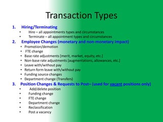 Transaction Types
1.       Hiring/Terminating
     •      Hire – all appointments types and circumstances
     •      Terminate – all appointment types and circumstances
2.       Employee Changes (monetary and non-monetary impact)
     •    Promotion/demotion
     •     FTE change
     •    Base rate adjustments [merit, market, equity, etc.]
     •    Non-base rate adjustments [augmentations, allowances, etc.]
     •    Leave with/without pay
     •    Return form leave with/without pay
     •    Funding source changes
     •    Department change (Transfers)
3.   Position Changes & Requests to Post– (used for vacant positions only)
     •      Add/delete position
     •      Funding change
     •      FTE change
     •      Department change
     •      Reclassification
     •      Post a vacancy
 