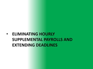 • ELIMINATING HOURLY
  SUPPLEMENTAL PAYROLLS AND
  EXTENDING DEADLINES
 