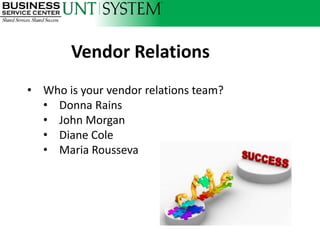 Vendor Relations
• Who is your vendor relations team?
  • Donna Rains
  • John Morgan
  • Diane Cole
  • Maria Rousseva
 