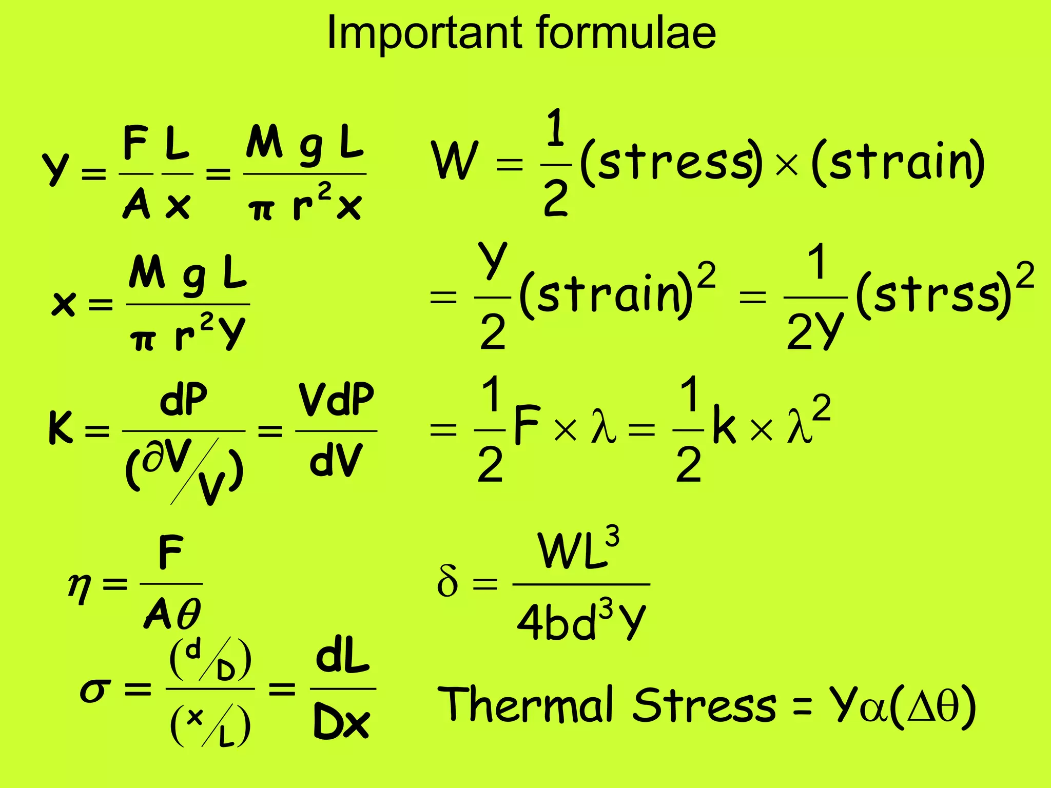 Important formulae
xrπ
LgM
x
L
A
F
Y 2

Yrπ
LgM
x 2

dV
VdP
)
V
V(
dP
K 




A
F

Dx
dL
L
x
D
d

)(
)(

2
22
2
1
2
1
2
1
2
 


kF
)strss(
Y
)strain(
Y
)strain()stress(
2
1
W
3
3
WL
4bd Y
 
Thermal Stress = Y ( ) 
 