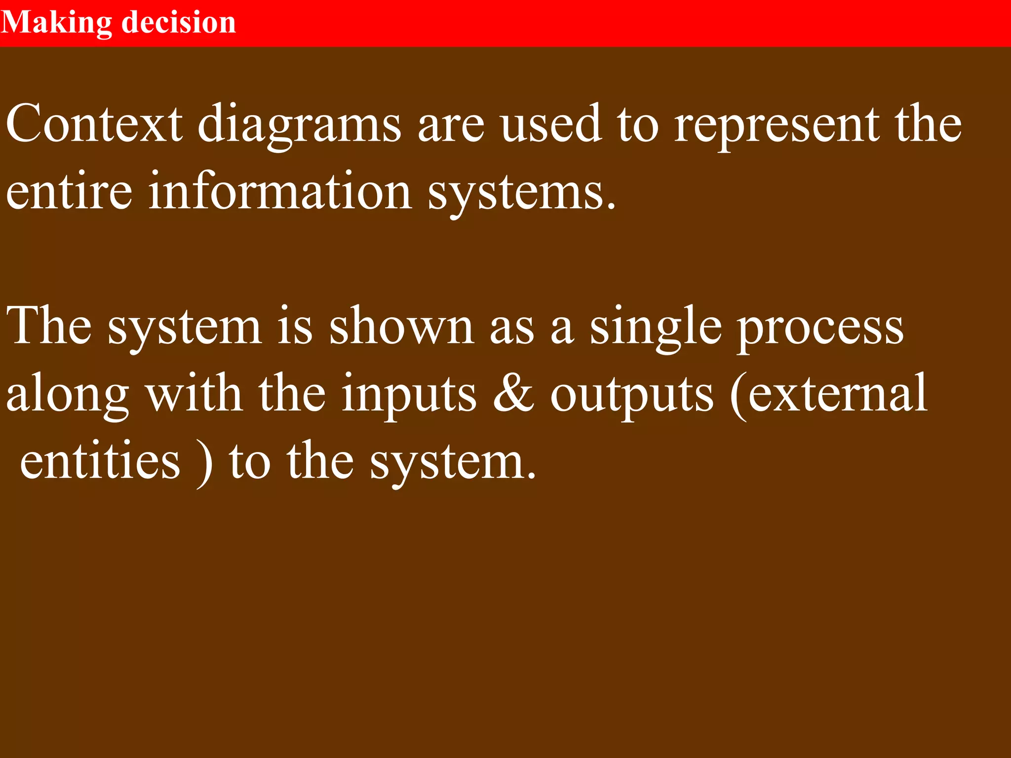 Making decision
Context diagrams are used to represent the
entire information systems.
The system is shown as a single process
along with the inputs & outputs (external
entities ) to the system.
 