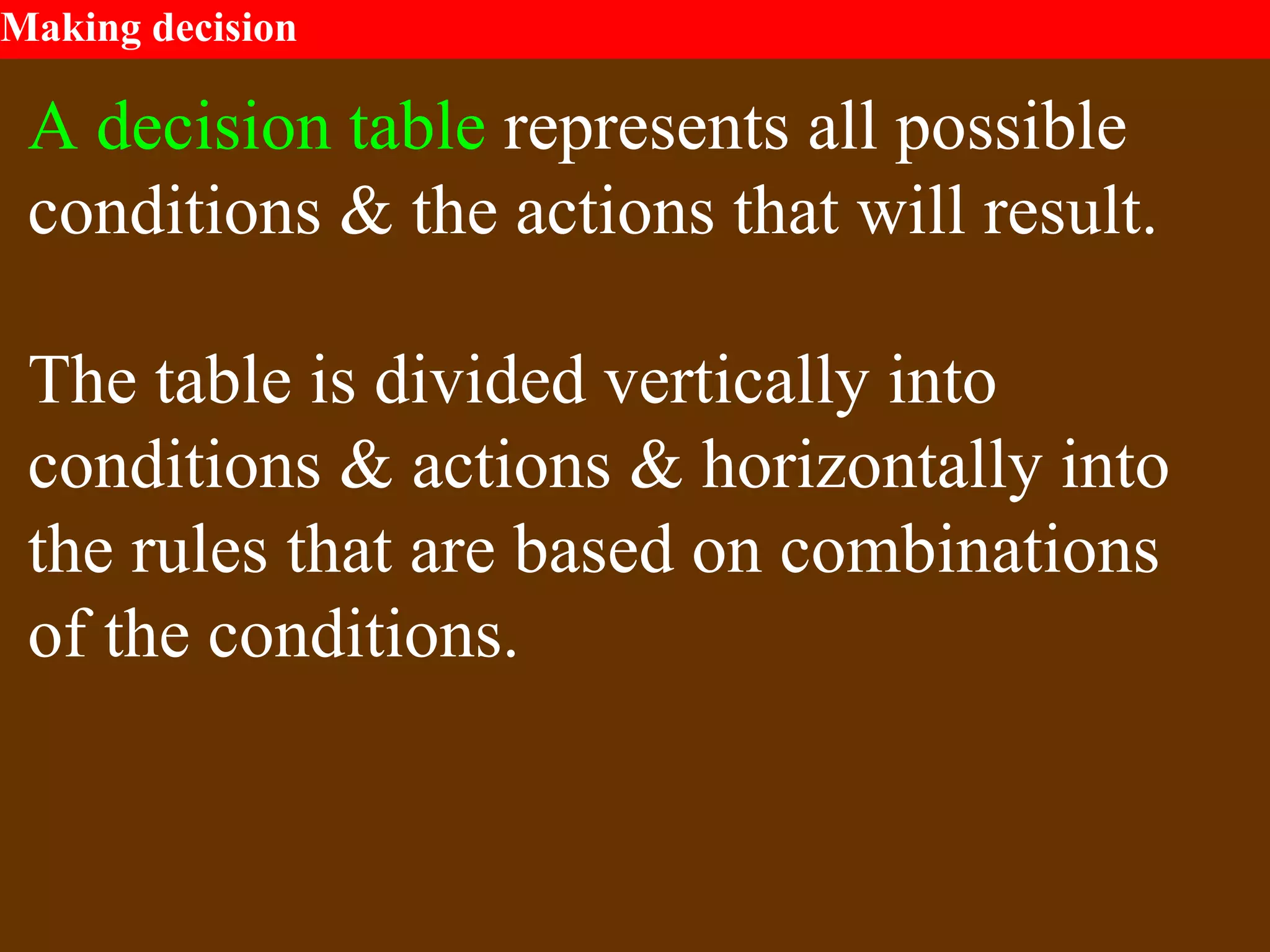 Making decision
A decision table represents all possible
conditions & the actions that will result.
The table is divided vertically into
conditions & actions & horizontally into
the rules that are based on combinations
of the conditions.
 