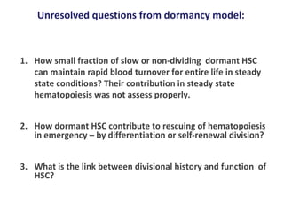 Unresolved questions from dormancy model: How small fraction of slow or non-dividing  dormant HSC can maintain rapid blood turnover for entire life in steady state conditions? Their contribution in steady state hematopoiesis was not assess properly. How dormant HSC contribute to rescuing of hematopoiesis in emergency – by differentiation or self-renewal division? What is the link between divisional history and function  of HSC? 