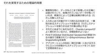 それを実現するための理論的背景
• 障害発生時に、データをどこまで処理したか正確に
記録されていて、処理されていないデータが残って
いれば、再実行によって正確な結果が得られる（た
だし分散システム）
• 入力をとめて計算がすべて終わるのを待てば、一貫
性のあるスナップショットを取れる（ただしスナッ
プショットを取りきるまで計算は停止する）
• それだとあまりにあれなので、Chandy-Lamportが
よく使われているけど、空間効率がよくない
• FlinkではGlobal Distributed Savepointsの実装でh
左の論文で提案されているAsynchronous Barrier
Snapshottingを採用
• アプリケーションのDAG（実行計画）におけるタス
クとエッジの状態からスナップショットをつくるの
で空間効率がよい
Copyright (C) 2016 Yahoo Japan Corporation. All Rights Reserved. 無断引用・転載禁止 14出所: http://arxiv.org/abs/1506.08603
 