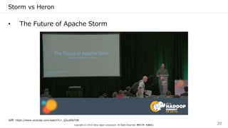 Storm vs Heron
• The Future of Apache Storm
Copyright (C) 2016 Yahoo Japan Corporation. All Rights Reserved. 無断引用・転載禁止 20
出所: https://www.youtube.com/watch?v=_Q2uzRIkTd8
 