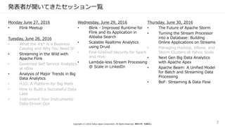 発表者が聞いてきたセッション一覧
Monday June 27, 2016
• Flink Meetup
Tuesday, June 28, 2016
• What the #$* is a Business
Catalog and Why You Need It!
• Streaming in the Wild with
Apache Flink
• Governed Self Service Analytics
at eBay
• Analysis of Major Trends in Big
Data Analytics
• H2O: A Platform for Big Math
• How to Build a Successful Data
Lake
• Instrument Your Instruments:
Data-Driven Ops
Wednesday, June 29, 2016
• Blink - Improved Runtime for
Flink and its Application in
Alibaba Search
• Scalable Realtime Analytics
using Druid
• Fine-Grained Security for Spark
and Hive
• Lambda-less Stream Processing
@ Scale in LinkedIn
Thursday, June 30, 2016
• The Future of Apache Storm
• Turning the Stream Processor
into a Database: Building
Online Applications on Streams
• Managing Hadoop, HBase, and
Storm Clusters at Yahoo Scale
• Next Gen Big Data Analytics
with Apache Apex
• Apache Beam: A Unified Model
for Batch and Streaming Data
Processing
• BoF: Streaming & Data Flow
Copyright (C) 2016 Yahoo Japan Corporation. All Rights Reserved. 無断引用・転載禁止 7
 