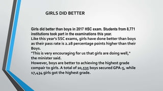 GIRLS DID BETTER
Girls did better than boys in 2017 HSC exam. Students from 8,771
institutions took part in the examinations this year.
Like this year's SSC exams, girls have done better than boys
as their pass rate is 2.28 percentage points higher than their
Boys.
"This is very encouraging for us that girls are doing well,"
the minister said.
However, boys are better to achieving the highest grade
compair to girls. A total of 20,535 boys secured GPA-5, while
17,434 girls got the highest grade.
 