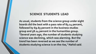 SCIENCE STUDENTS LEAD
As usual, students from the science group under eight
boards did the best with a pass rate of 83.14 percent,
followed by 69.65 percent in the business studies
group and 58.14 percent in the humanities group.
"Several years ago, the number of students studying
science was declining, which was alarming. But the
trend has been reversed as we see the number of
students studying science is on the rise," Nahid said.
 