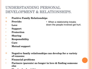 UNDERSTANDING PERSONAL DEVELOPMENT & RELATIONSHIPS. Positive Family Relationships Provide: Love Support Protection Sharing Responsibility Care Mutual support Negative family relationships can develop for a variety of reasons: Financial problems Partners (parents) no longer in love & finding someone else The death of a child Children putting a strain on the relationship of the parents When a relationship breaks down the people involved get hurt. 