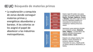 • La exploración y conquista
de zonas donde conseguir
materias primas y
energéticas abundantes y
baratas. A las colonias se
les asignó el papel de
abastecer a las industrias
metropolitanas.
Búsqueda de materias primas
 