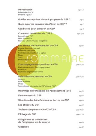 Introduction                                         pages 4, 5
Présentation du CSP
Entrée en vigueur

Quelles entreprises doivent proposer le CSP ?           page 6

Quels salariés peuvent bénéficier du CSP ?              page 7

Conditions pour adhérer au CSP                          page 8

Comment bénéficier du CSP ?                         pages 9, 10
Proposition du CSP
Délai de réflexion
Choix du salarié : refus ou acceptation

Les effets de l’acceptation du CSP                     page 11
Rupture du contrat de travail
Indemnités de rupture
Contestation éventuelle de la rupture
Durée
Statut
Protection sociale
        SO M M A I R E
L’accompagnement pendant le CSP                    pages 12, 13
Contenu des mesures d’accompagnement
Formations
Réalisation de périodes d’activité

Indemnisation pendant le CSP                       pages 14, 15
Montant
Point de départ
Durée
Suspension ou interruption du CSP et/ou de l’ASP

Indemnité différentielle de reclassement (IDR)         page 16

Financement du CSP                                     page 17

Situation des bénéficiaires au terme du CSP            page 18

Les étapes du CSP                                      page 19

Tableau comparatif CRP/CTP/CSP                     pages 20, 21

Pilotage du CSP                                    pages 22, 23


Obligations et démarches
de l’employeur et du salarié                           page 24

Glossaire                                              page 25
 
