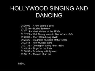 HOLLYWOOD SINGING AND DANCING 01:00:00 – A new genre is born 01: 03:10 – Busby Berkeley 01:07:19 – Musical stars of the 1930s 01:17:29 – Walt Disney leads to  The Wizard of Oz 01:20:00 – The 1940s during WWII 01:23:25 – Integrated musicals of the 1940s 01:32:44 – New musical stars 01:37:35 – Coming on strong / the 1950s 01:45:24 –  Singin’ in the Rain 01:50:50 – Broadway in Hollywood 01:56:17 – The end of an era MENU 