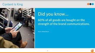 Content is King 
Did you know… 
60% of all goods are bought on the 
strength of the brand communications. 
Source: Millard...