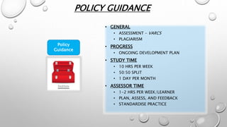 POLICY GUIDANCE
Policy
Guidance
• GENERAL
• ASSESSMENT – VARCS
• PLAGIARISM
• PROGRESS
• ONGOING DEVELOPMENT PLAN
• STUDY TIME
• 10 HRS PER WEEK
• 50:50 SPLIT
• 1 DAY PER MONTH
• ASSESSOR TIME
• 1-2 HRS PER WEEK/LEARNER
• PLAN, ASSESS, AND FEEDBACK
• STANDARDISE PRACTICE
 