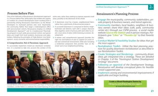 21
Unified Development Approach TM
2A
One of the hallmarks of Renaissance’s development approach
is a“Process before Plan”philosophy that enables the organic
co-creation of a shared development vision resulting from a
partnership among Renaissance Downtowns (as the Master
Developer), its municipal partners and, most importantly,
the community. Rather than begin a redevelopment effort
with preconceived notions, Renaissance employs its Unified
Development Approach™ and its Crowdsourced Placemak-
ing program to push aside preconceived notions and garner
ideas and insight from local residents, businesses and stake-
holders, following the principles of Triple Bottom Line devel-
opment- social, economic and environmental responsibility.
A Comprehensive, Not A Piecemeal, Approach
To successfully implement mixed-use downtown revitaliza-
tion, it is essential to take into account the context of the
Process Before Plan
entire area, rather than seeking to improve separate small
areas, possibly to the detriment of the whole.
 A downtown must be a woven, neighborhood fabric
rather than a patchwork of disconnected projects .
 A successful downtown is comprised of distinct neigh-
borhoods and districts, each with a unique character
that, together, work in harmony with each other to cre-
ate a true sense of place while fostering economic de-
velopment.
 A holistic and comprehensive approach provides the
right mix and balance of uses to support an active re-
tail and commercial environment, while also including
a residential component that provides “eyes on the
street”and a true neighborhood feeling.
Donald Monti of Renaissance Downtowns and Town of Huntington Supervisor Frank Petrone, surrounded by community
members, cut the ribbon to celebrate the Grand Opening of Source the Station's Community Informational Office
Renaissance’s Planning Process
 Engage the municipality, community stakeholders, pri-
vate property & business owners, and transit agencies.
 Community members, local leaders, neighbors & busi-
ness owners share their ideas (cafe, park, community
center etc.) through our CSPM process, a social media
website Source the Station and in person meetups. Par-
ticipants give “Likes” or “Thumbs Up” to their favorite
ideas.
 Conduct Market & Feasibility Studies for ideas that get
the most support.
 Revitalization Toolkit– Utilize the best planning prac-
tices for quality downtown revitalization as described in
our Revitalization Toolkit.
 Create Strategies and Renderings - community driven
ideas get integrated into a strategy. These are detailed
in Chapter 3 of the “Huntington Station Development
Strategy” document.
 Following an approval of the Development Strategy,
Renaissance will develop conceptual plans for feasible
crowd-supported uses.
 Implement zoning and environmental improvements if
applicable and begin building.
 