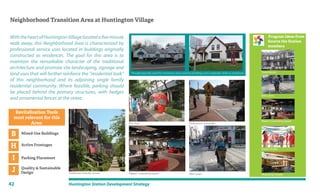 42 Huntington Station Development Strategy
Neighborhood Transition Area at Huntington Village
WiththeheartofHuntingtonVillagelocatedafiveminute
walk away, this Neighborhood Area is characterized by
professional service uses located in buildings originally
constructed as residences. The goal for this area is to
maintain the remarkable character of the traditional
architecture and promote site landscaping, signage and
land uses that will further reinforce the “residential look”
of this neighborhood and its adjoining single family
residential community. Where feasible, parking should
be placed behind the primary structures, with hedges
and ornamental fences at the street.
Mixed-Use Buildings
Active Frontages
Parking Placement
Quality & Sustainable
Design
Revitalization Tools
most relevant for this
Area:
B
H
I
J
Program Ideas from
Source the Station
members
Townhouses
Bike Lanes
Maker/ Coworking Space
Dance Studio
Woodshop Studio
Bus Stop
Though typically used for commerce now, existing buildings were originally built as residences.
Pedestrian crosswalks
Bike LanesMaker/ Coworking SpacePedestrian friendly streets
 