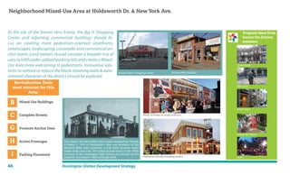 46 Huntington Station Development Strategy
At the site of the former Hess Estate, the Big H Shopping
Center and adjoining commercial buildings should fo-
cus on creating more pedestrian-oriented storefronts,
streetscapes, landscaping, crosswalks and commercial an-
chor stores. Land owners should consider a broader mix of
usestoinfillunder-utilizedparkinglotsandcreateaMixed-
Use Area more welcoming to pedestrians. Innovative solu-
tions to remove or reduce the blank retaining walls & auto-
oriented character of the district should be explored.
Neighborhood Mixed-Use Area at Holdsworth Dr. & New York Ave.
Mixed-Use Buildings
Complete Streets
Promote Anchor Uses
Active Frontages
Parking Placement
B
C
G
H
I
Revitalization Tools
most relevant for this
Area:
Program Ideas from
Source the Station
members
Existing“Big H”Shopping Center
Mural activates an empty wall area
Pedestrian friendly shopping centers
Existing office building
Townhouses
Bike Lanes
Credit Union
Unique Bus Stops
Diner
The Cedars, the Harry Bellas Hess estate designed by Howells
& Stokes c. 1914 in Huntington. Hess was president of the
National Bellas Hess Company, a mail order business which
made cloaks and suits. The Cedars burned down in the 1950s
and part of the Huntington High School was erected on the
property. Hess died in 1960 at the age of 88.
 