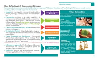 How Do We Create A Development Strategy:
Renaissance Downtowns process of Unified Development ApproachTM
(UDA) and CrowdSourced PlaceMaking (CSPM) assures socially, environ-
mentally, and economically responsible development.
Executive Summary
Unified Development
Approach
Source the Station
Ideas
Market Opportunities
Revitalization Toolkit
Revitalization
Strategies
Planning and
Implementation
 Engage the municipality, community stakeholders,
privateproperty&businessowners,andtransitagen-
cies.
 Community members, local leaders, neighbors &
businessownerssharetheirideas(cafe,park,commu-
nity center, etc.) through our CSPM process, a social
media website Source the Station and in person
meetups. Participants give “Likes” or “Thumbs Up”
to their favorite ideas.
 Conduct Market & Feasibility Studies for ideas that
get the most support.
 RevitalizationToolkit–Utilizethebestplanningprac-
ticesforqualitydowntownrevitalizationasdescribed
in this Toolkit.
 Create Strategies and Renderings - Community
driven ideas get integrated into a strategy. These
are detailed in Chapter 3 of the “Huntington Station
Development Strategy” document.
 Following an approval of the Development Strategy,
Renaissance will develop conceptual plans for
feasible crowd-supported uses.
 Implement zoning and environmental improve-
ments, if applicable, and begin building.
WE ARE HERE IN THE PROCESS
5
Triple Bottom Line
Renaissance requires ideas posted through the Cowdsourcing process to
adhere to the Triple Bottom Line philosophy of Social, Environmental and
Economic responsibility.
Social
Responsibility
Socially responsible ideas
have an obligation to
benefit society at large.
Economic
Responsibility
Economically responsible
ideas must ensure eco-
nomic benefit to com-
munity stakeholders—
its investors, business
owners, employees, cus-
tomers, School Districts,
and Municipality.
Environmental
Responsibility
Environmentally respon-
sible ideas have an obliga-
tion to protect the environ-
ment.
 