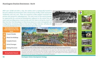 50 Huntington Station Development Strategy
With over 10,000 rail riders a day, the station area is strategically located to
become a Mixed-Use Downtown with a broad array of office, retail, restaurant,
residential, and civic uses. There are numerous under-utilized municipal and
private sites poised for redevelopment. This area north of the tracks provides
an opportunity for commercial development adjacent to the station but will
need road reconfiguration in partnership with the State to bring the stretch of
New York Ave. from Broadway to Olive Street down to a more manageable safe
configuration. Increasing safety on this section of New York Ave. will allow for
continued development on the east and west side of the road.
Proposed View of New York Avenue at Broadway Ave Facing South toward Station
This rendering shows the opportunity for a revitalized area at the rail station to be transformed into an even more vibrant
transportation hub with additional shops and restaurants at the station and a full service hotel and office building with
easy access to the station.The Downtown North area offers outdoor dining, streetscape enhancements, and buildings with
storefronts and entrances facing the streets. This rendering depicts civic spaces adjacent to the station platforms creating
opportunities for train layovers, sitting, gardens and civic gathering places.
Huntington Station Downtown - North
Program Ideas from
Source the Station
members
Transit Friendly
Mixed-Use Buildings
Complete Streets
Active Frontages
Parking Placement
A
B
C
H
I
Revitalization Tools
most relevant for this
Area:
Railroad Retail Cluster
Walkable Bikable Downtown
Boutique Hotel
Townhouses
Apartments/ Condos above
Storefronts
Photo of Huntington Station from 1918, with
landscaped greens.
Strong Market Demand
Existing view at Station
A
B
 